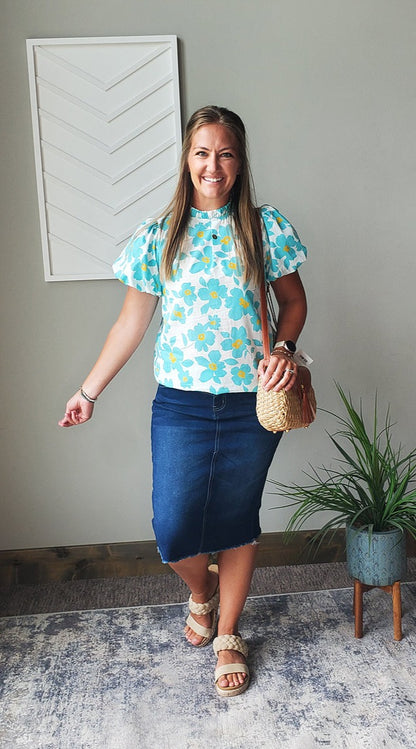 Blue Floral Puff Sleeve Top