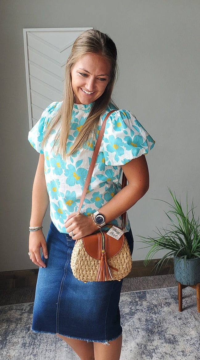 Blue Floral Puff Sleeve Top