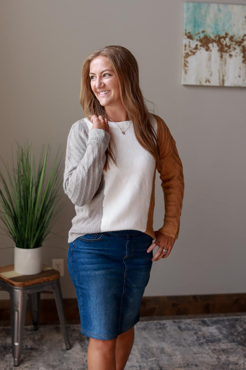 Show off your style in this Neutral Colorblock Sweater! With the perfect blend of colors and a trendy detail on the back hem. Classy Closet Women's Modest Fashion Boutique