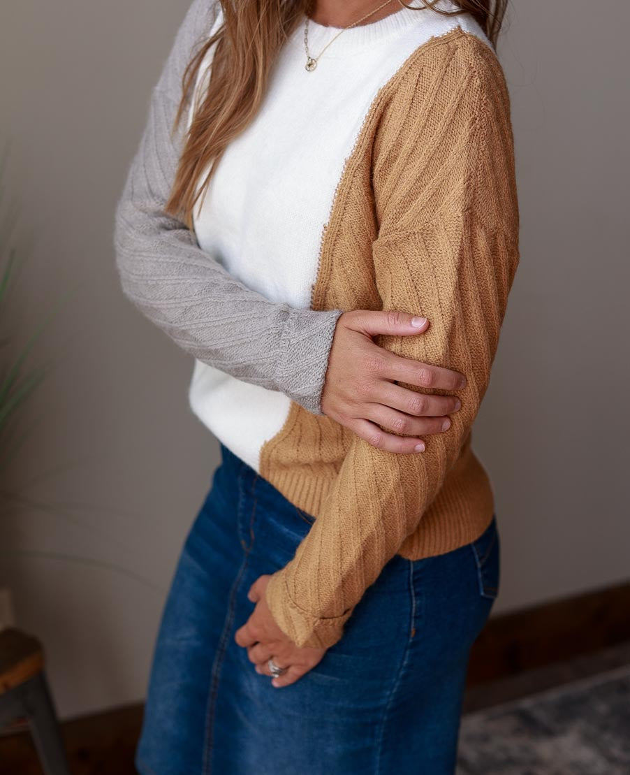 Show off your style in this Neutral Colorblock Sweater! With the perfect blend of colors and a trendy detail on the back hem. Classy Closet Women's Modest Fashion Boutique