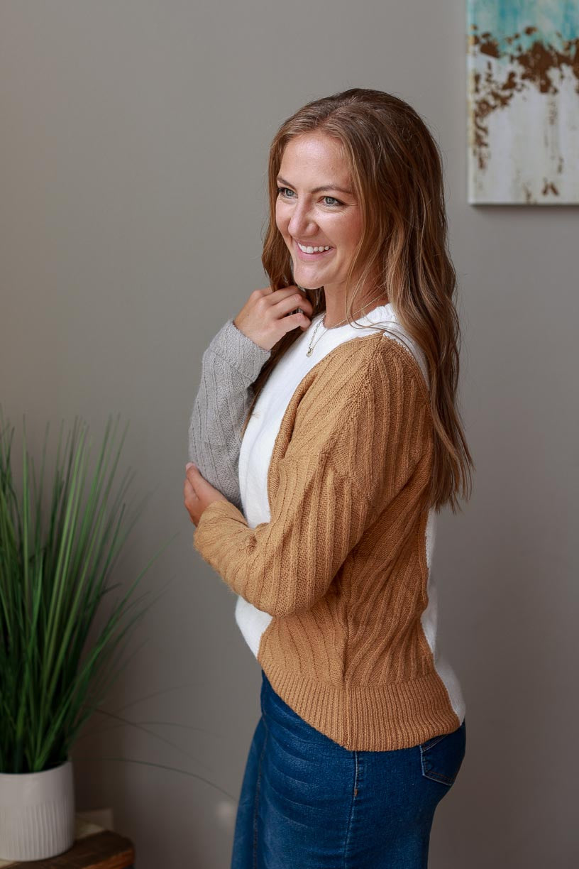 Show off your style in this Neutral Colorblock Sweater! With the perfect blend of colors and a trendy detail on the back hem. Classy Closet Women's Modest Fashion Boutique