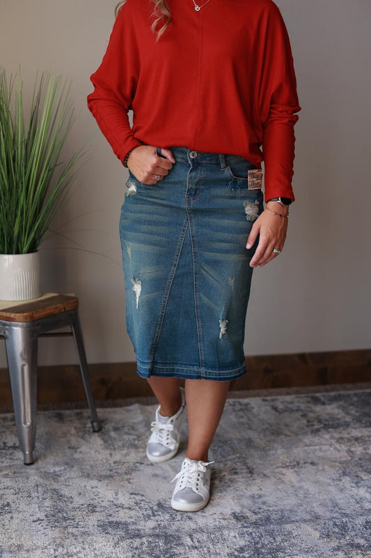 Distressed Fray Stretch Denim Skirt | Women's Modest Fashion at Classy CLoset Online Skirt Boutique for Women