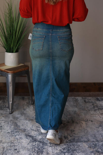 Long Solid Denim Skirt | Women's Modest Fashion at Classy Closet Online BOutique Near Me