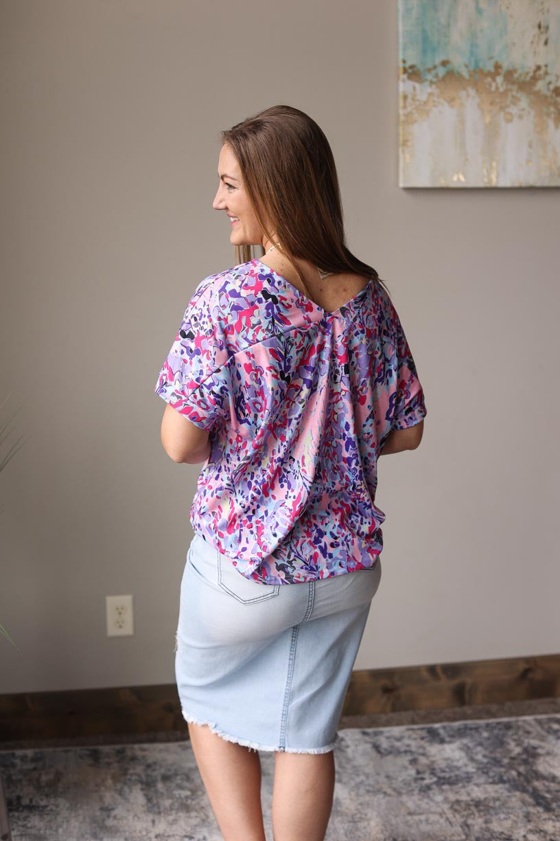 Pink Multi Loose Painted Floral Tee Casual Work Style Outfit Classy Closet WOmen's Online Modest Boutique