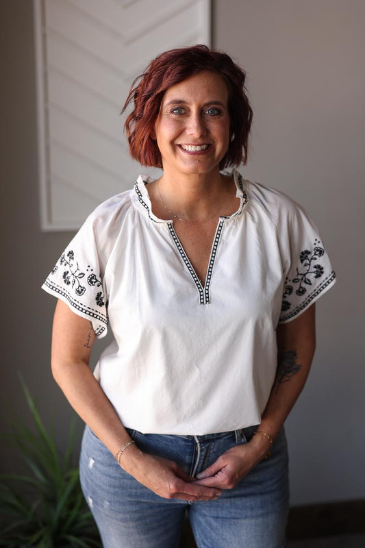 White Black Embroidered Sleeve Detail Top