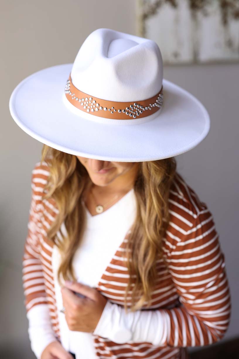Ivory Studded Wide Brim Panama Hat for Fall Winter Fashion at Classy Closet Online Women's Boutique for Modest Fashion
