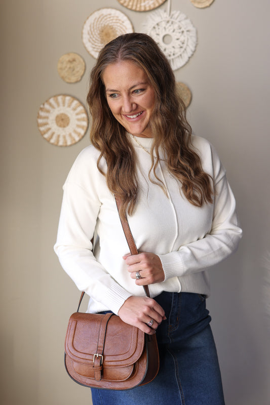 White Front Center Seam Sweater; S-2XL PLUS