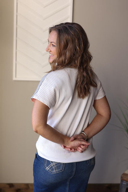 White Ribbed Colorblock Top