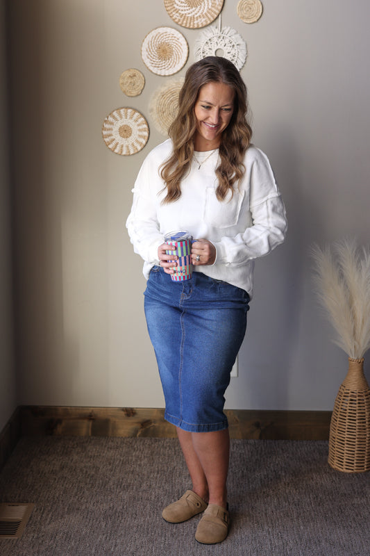 White Exposed Seam Chest Pocket Sweatshirt