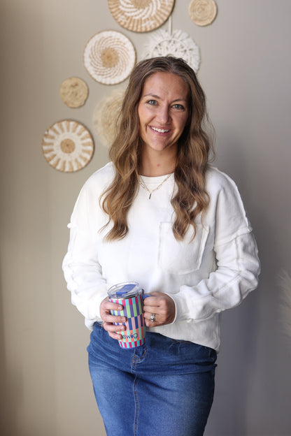 White Exposed Seam Chest Pocket Sweatshirt