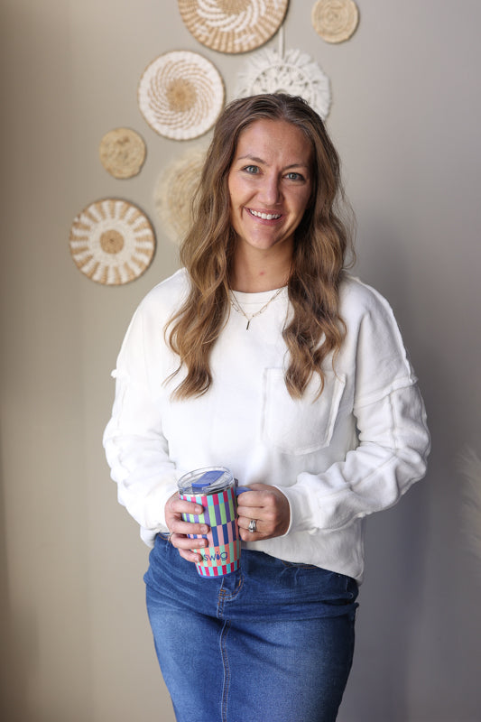 White Exposed Seam Chest Pocket Sweatshirt