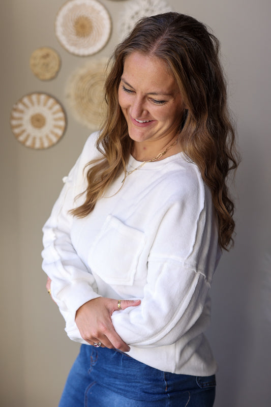 White Exposed Seam Chest Pocket Sweatshirt
