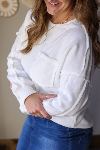 White Exposed Seam Chest Pocket Sweatshirt