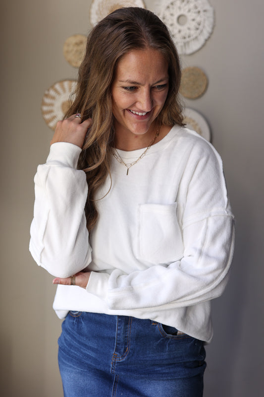 White Exposed Seam Chest Pocket Sweatshirt