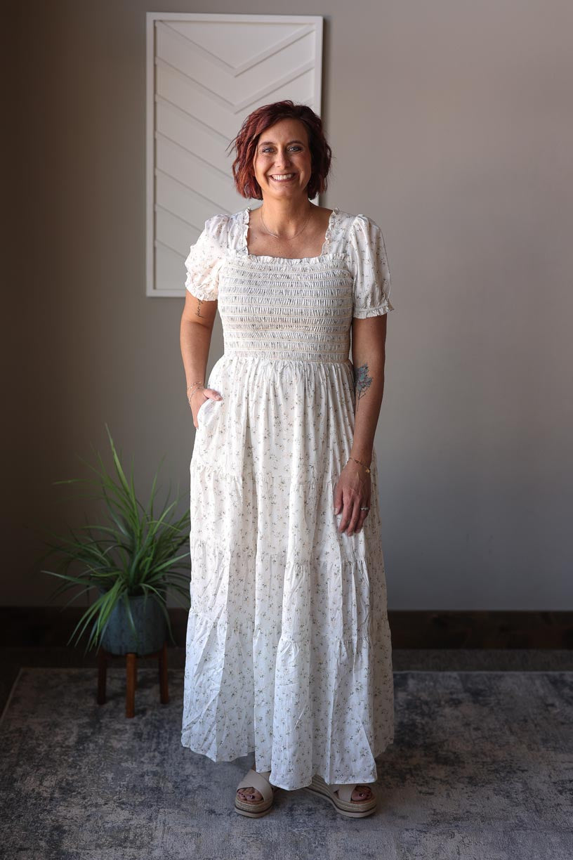 White Floral Smocked Tiered Maxi Dress