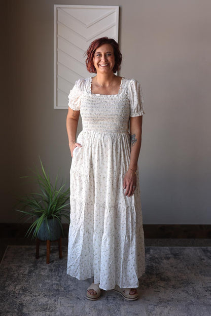 White Floral Smocked Tiered Maxi Dress