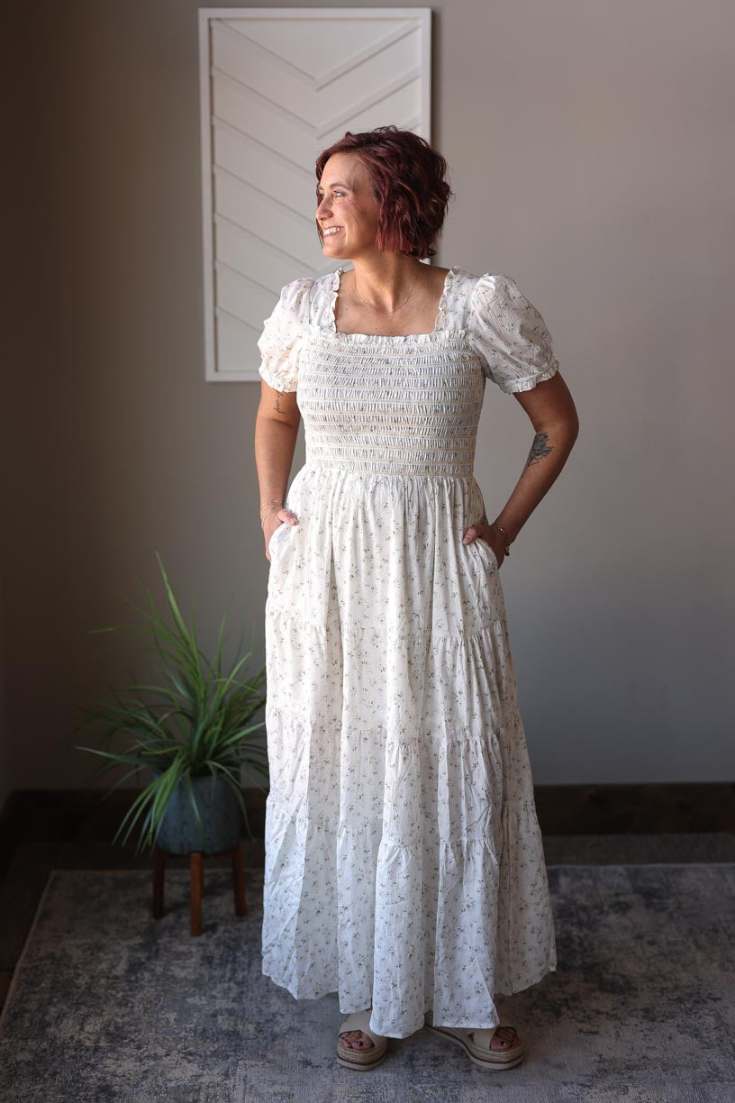White Floral Smocked Tiered Maxi Dress