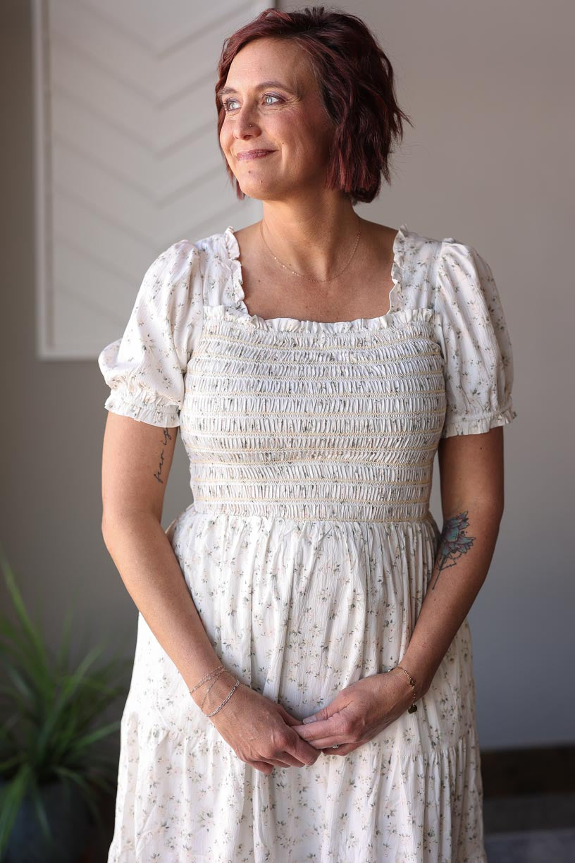 White Floral Smocked Tiered Maxi Dress