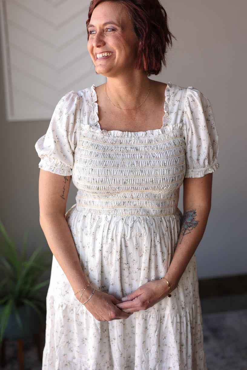 White Floral Smocked Tiered Maxi Dress