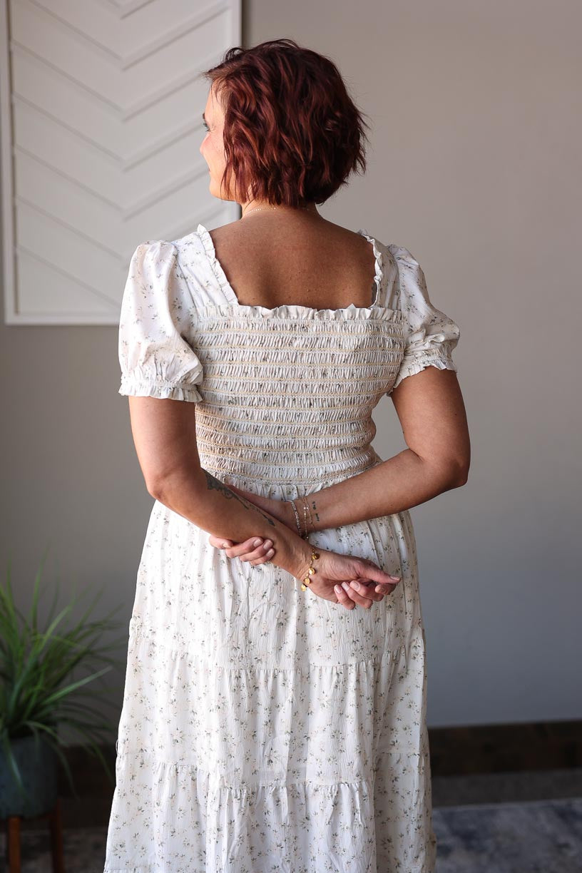 White Floral Smocked Tiered Maxi Dress