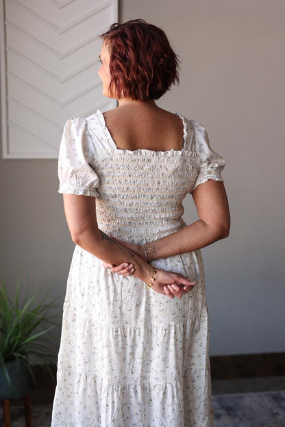 White Floral Smocked Tiered Maxi Dress