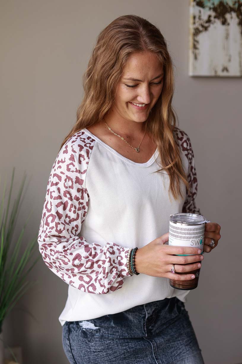 White Waffle Leopard Long Sleeve Top | Cute, Comfy, Versatile Style at Classy Closet an Online Women's Boutique for Modest Fashion