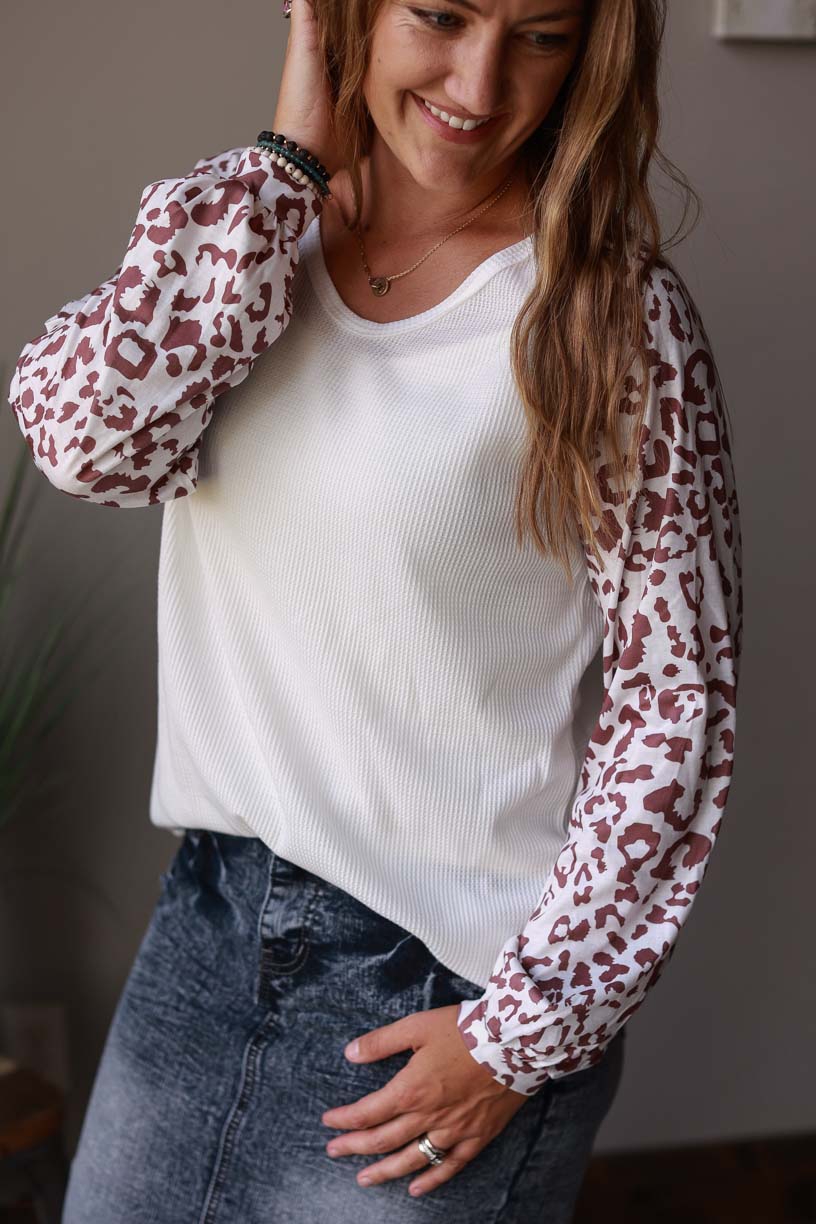 White Waffle Leopard Long Sleeve Top | Cute, Comfy, Versatile Style at Classy Closet an Online Women's Boutique for Modest Fashion