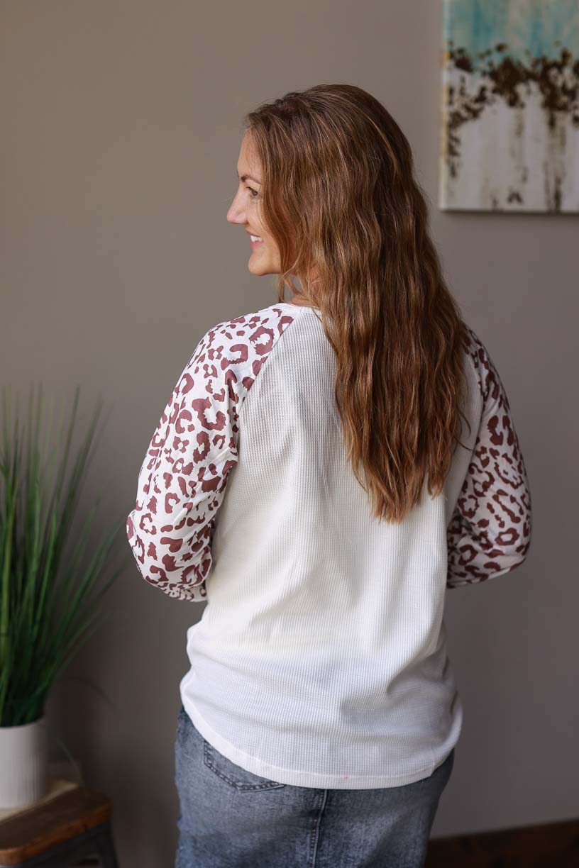 White Waffle Leopard Long Sleeve Top | Cute, Comfy, Versatile Style at Classy Closet an Online Women's Boutique for Modest Fashion
