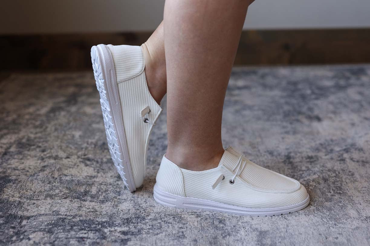 White Ribbed Slip On Shoes