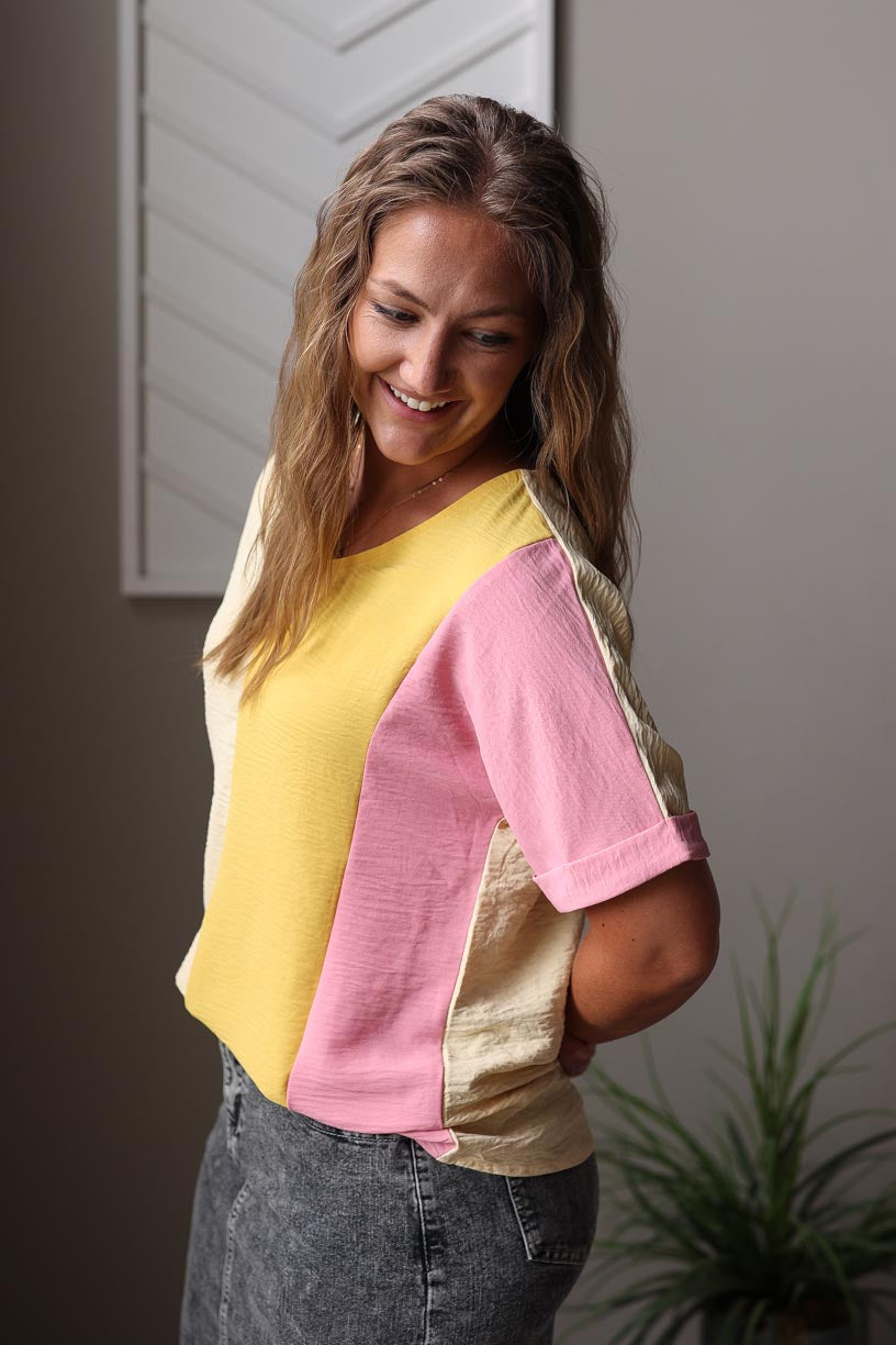 Apricot Crinkled Colorblock Top