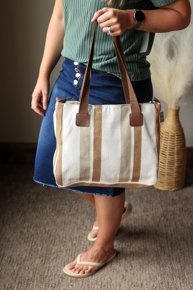 neutral striped canvas shoulder bag purse for summer