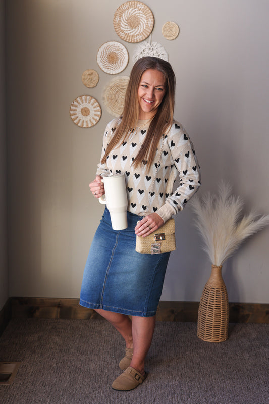 Parchment &amp; Black Hearts Lightweight Sweater