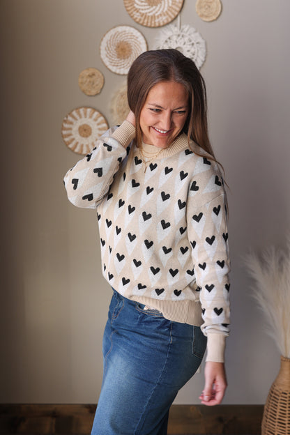 Parchment &amp; Black Hearts Lightweight Sweater