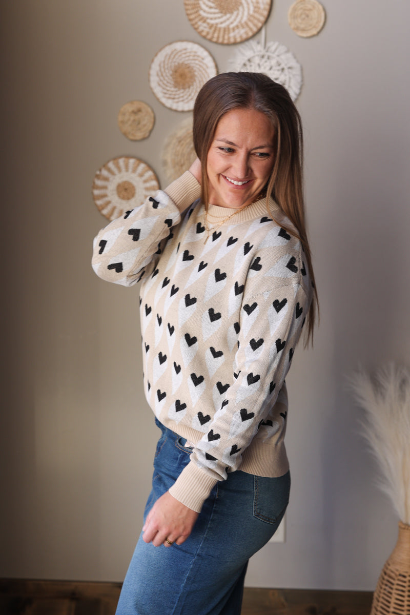 Parchment &amp; Black Hearts Lightweight Sweater