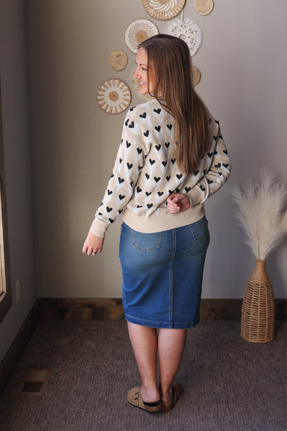 Parchment &amp; Black Hearts Lightweight Sweater