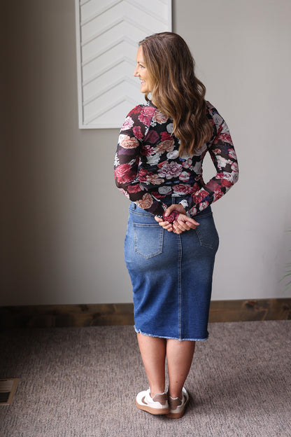 Pink Mesh Floral Print Mochneck Top