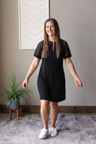 Stay effortlessly chic and ready for any occasion with our Black Contrast Lace Raglon Sleeve Midi Dress. Perfect for running errands, hitting up the park, or grabbing a coffee with friends. The staple solid black design is versatile for wearing alone or layering up, and the chic lace sleeves add a touch of elegance to any outfit. So easy to throw on and head out the door. Enjoy a happy and simple summer with this dress.