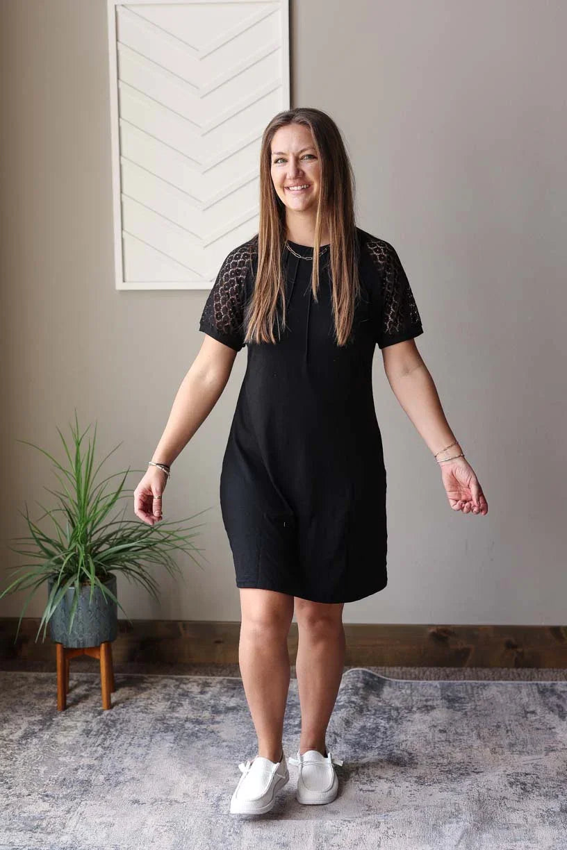 Black Contrast Lace Raglon Sleeve Midi Dress Classy Closet Modest Clothing 2XL