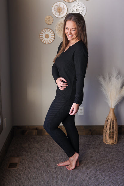 Black Ribbed Notched Neck Long Sleeve Lounge Set