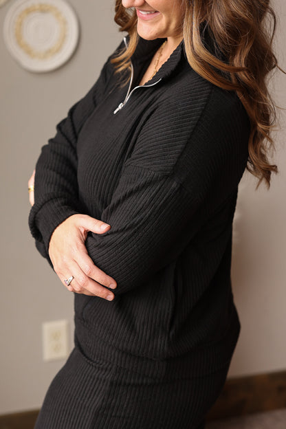 Black Ribbed Quarter Zip 2pc Skirt Set