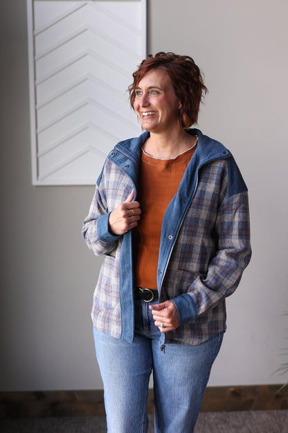 Blue Plaid Corduroy Patchwork Zip Up Jacket