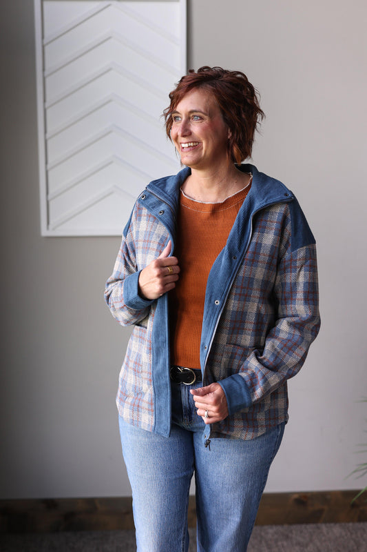 Blue Plaid Corduroy Patchwork Zip Up Jacket