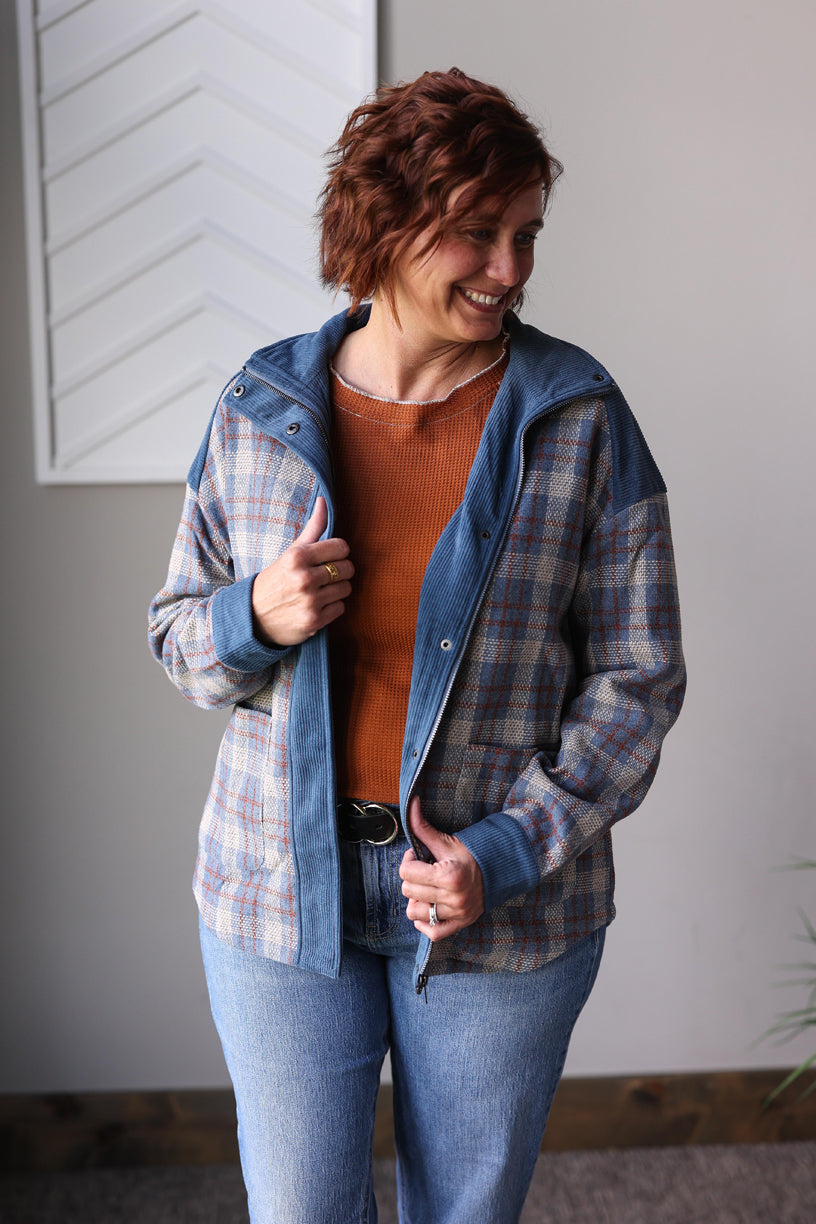Blue Plaid Corduroy Patchwork Zip Up Jacket