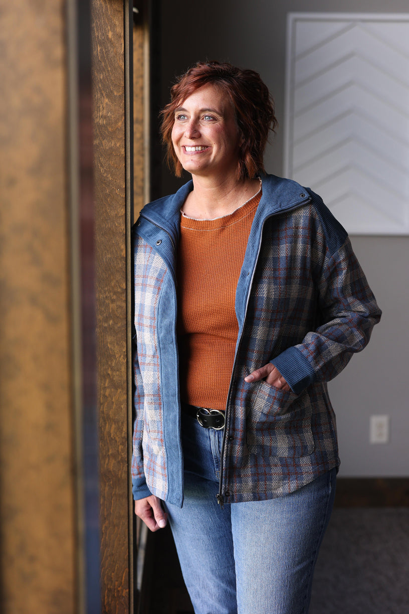 Stay cozy and stylish with our Blue Plaid Corduroy Patchwork Zip Up Jacket, perfect for adding a playful touch to your everyday fall look.
