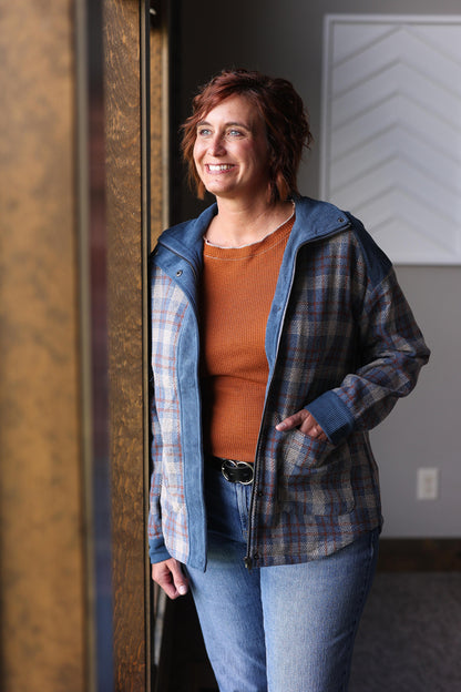 Stay cozy and stylish with our Blue Plaid Corduroy Patchwork Zip Up Jacket, perfect for adding a playful touch to your everyday fall look.