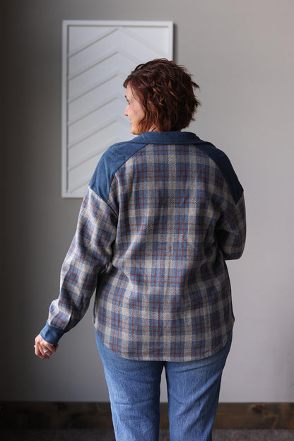 Blue Plaid Corduroy Patchwork Zip Up Jacket