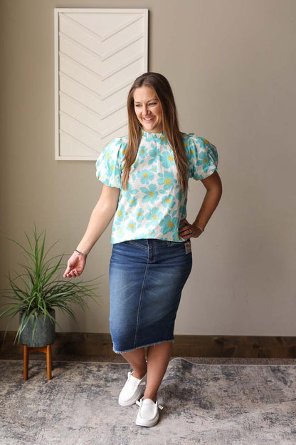 Blue Floral Puff Sleeve Top