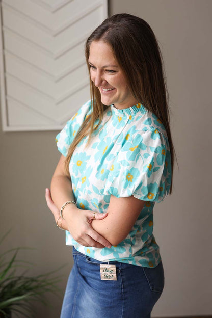 Blue Floral Puff Sleeve Top
