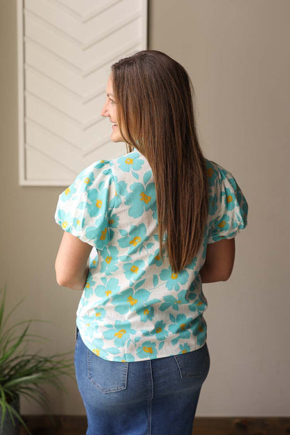 Blue Floral Puff Sleeve Top