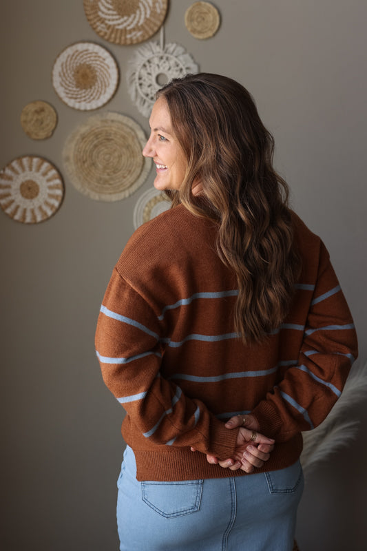 Camel blue stripe crewneck sweater styled for a cozy modest winter outfit, perfect for casual mom everyday wear back angle